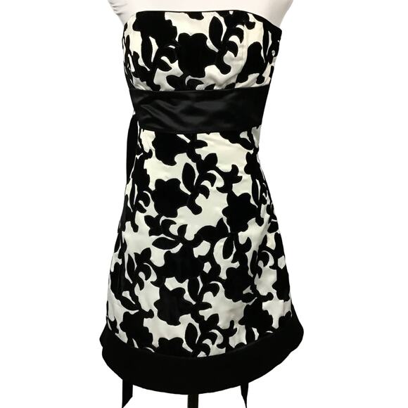 WHBM White House Black Market Strapless Satin Velvet Black White Mini Dress sz 0 - Picture 4 of 14